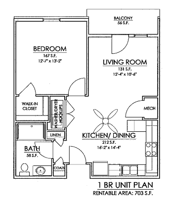 Floor plan for 1 bed, 1 bath, 705 sqft